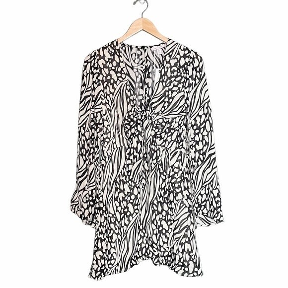 NWT TopShop Knot Front Bell Sleeve Mini Dress Black & White Groovy Print Size 4 - Picture 3 of 14